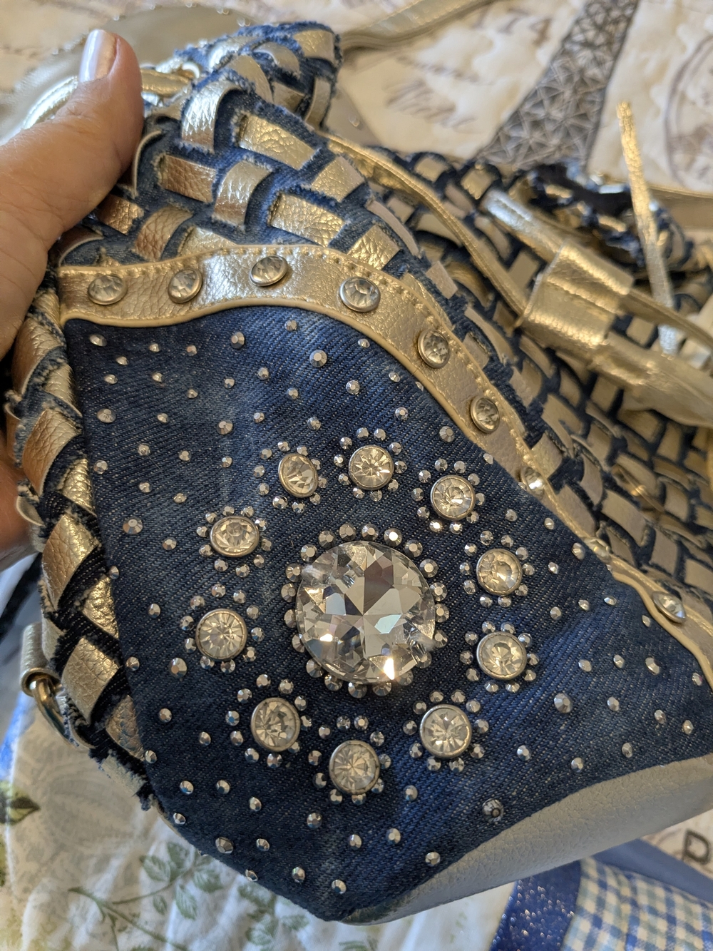 New Never Worn Blue and Gold Rhinestone Shoulder Bag with Tassel - Picture 7 of 7